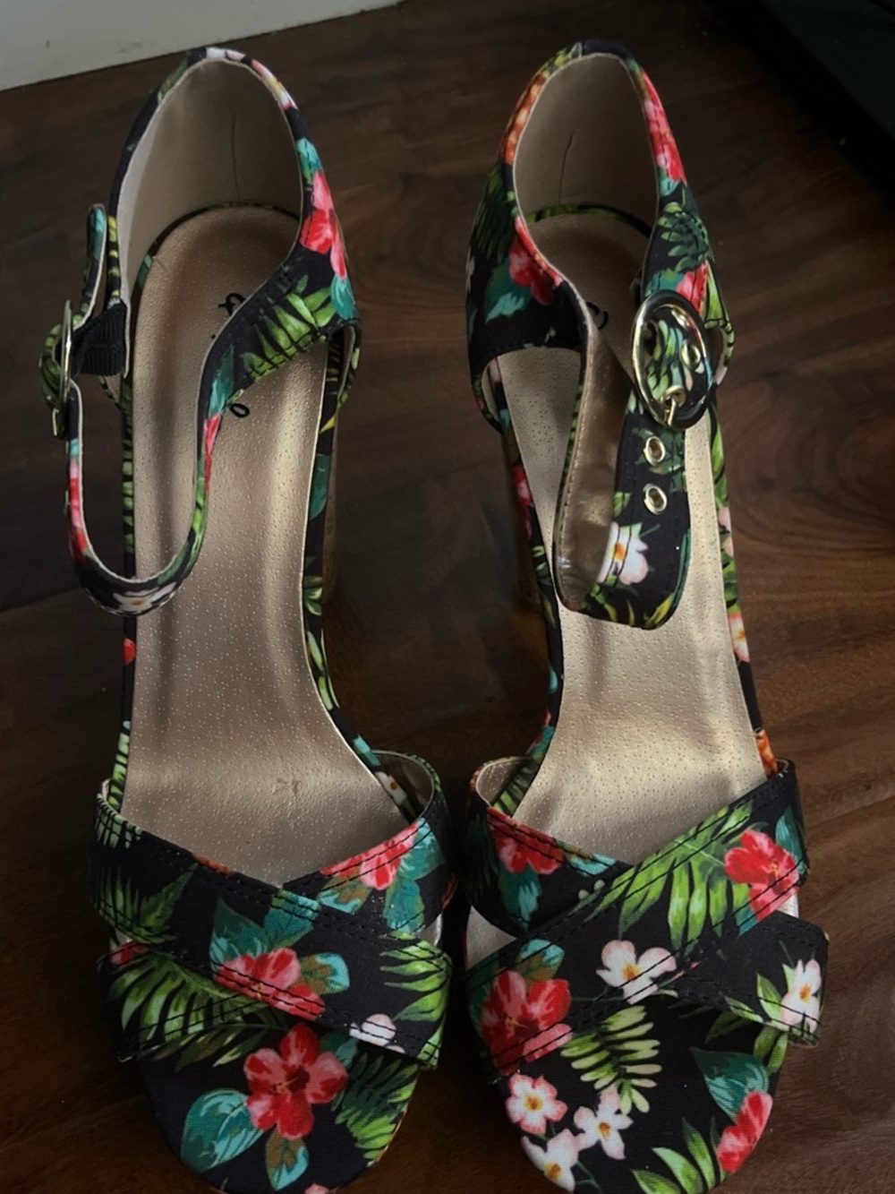 Fashion Nova Black Floral Tropical Ankle-Strap Heels